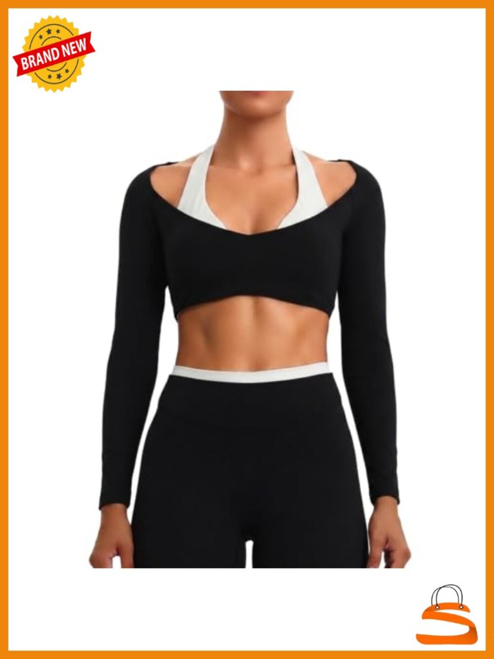 Halter Long Sleeve Crop Top Faux Layered Activewear